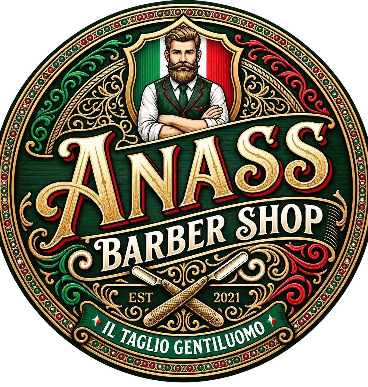 Logo decorativo Barber Shop Anass con teschio barbuto e pali da barbiere