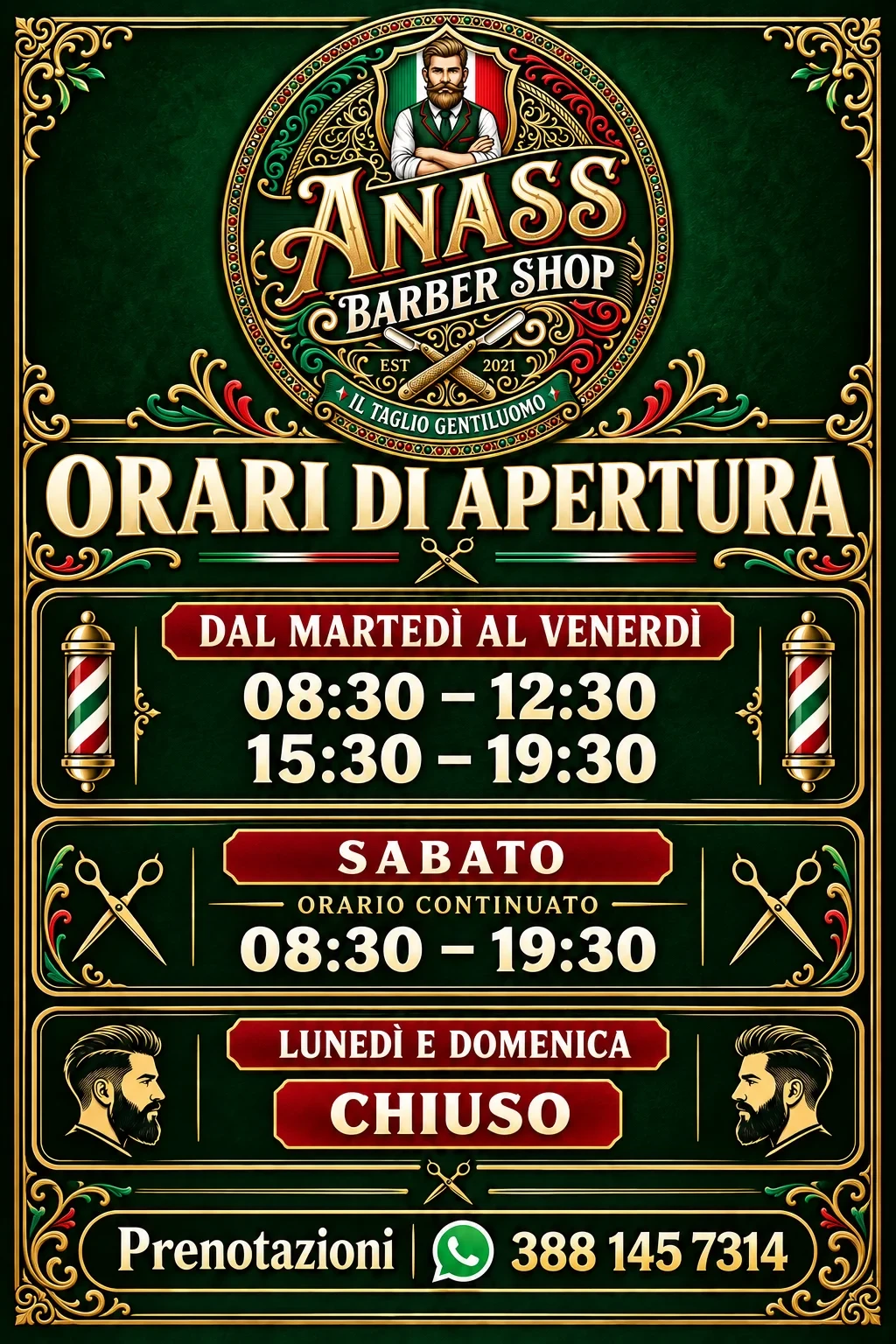 Volantino con gli orari di apertura del Barber Shop Anass: da martedì a venerdì 08:30–12:30 e 15:30–19:30; sabato 08:30–19:30 con orario continuato; lunedì e domenica chiuso